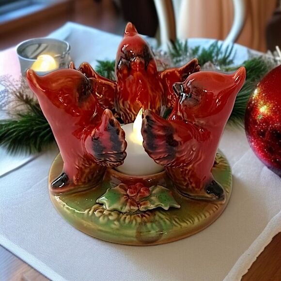 Cardinal Ceramic Candle Holder Trio Circle Tea Light Votive Christmas Winter - Picture 16 of 16